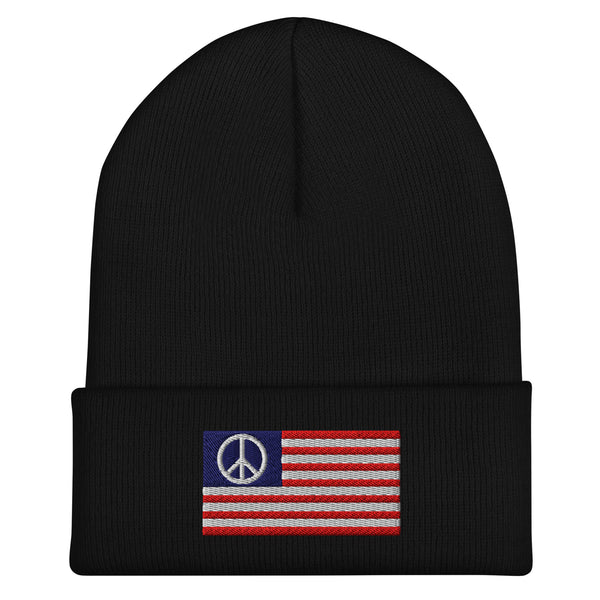 USA Peace Sign Flag Beanie - Embroidered Winter Hat