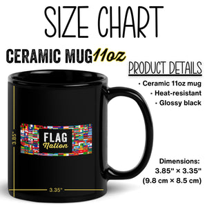 Size chart for a glossy black ceramic 11oz mug, showing height and diameter. This heat-resistant mug is perfect for coffee, tea, and other beverages.